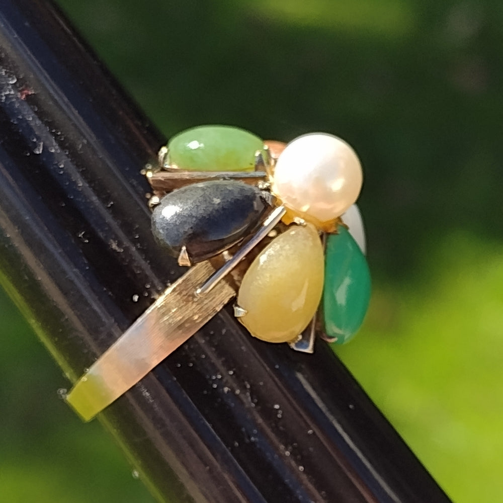 14 karat gold real pearl and multi gemstone ring size 8 14k  great investment