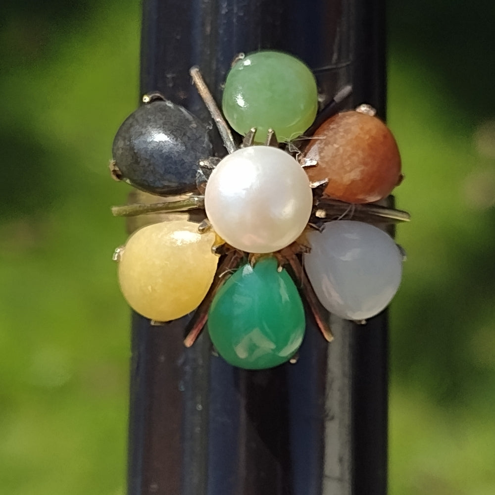 14 karat gold real pearl and multi gemstone ring size 8 14k  great investment