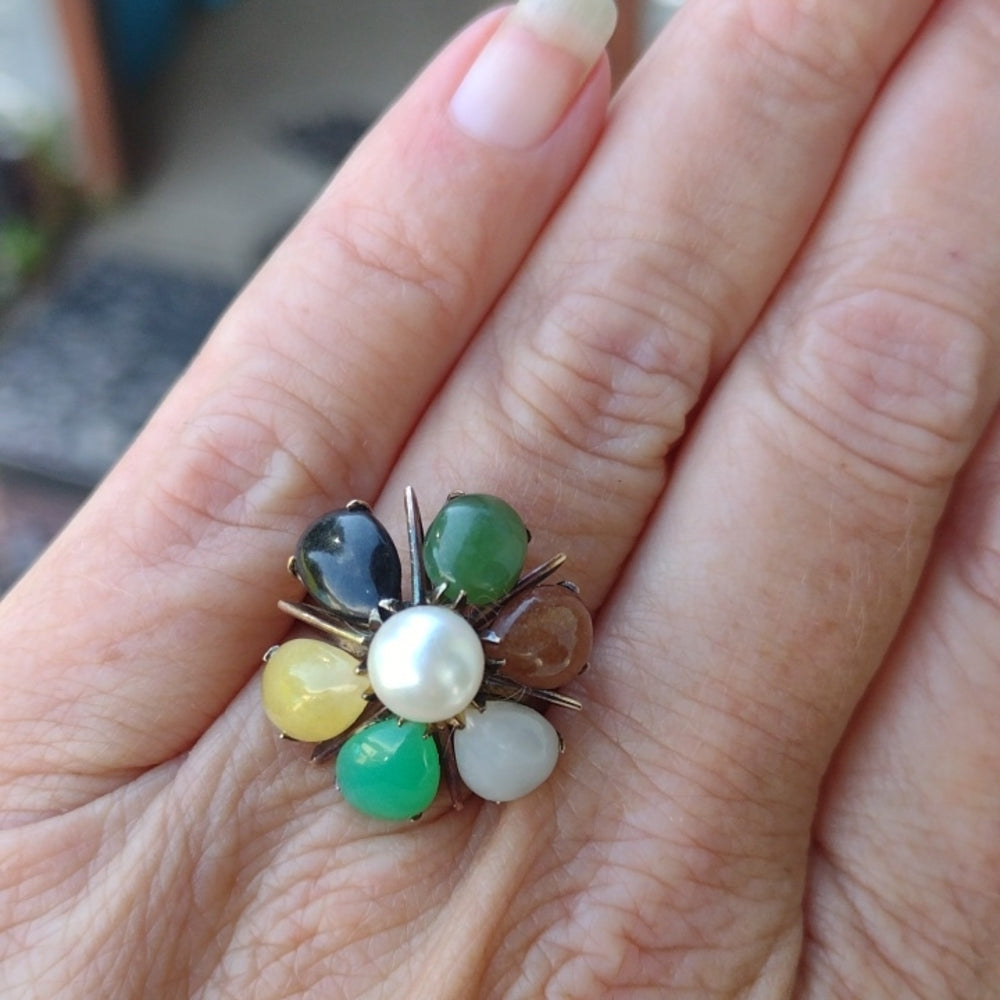 14 karat gold real pearl and multi gemstone ring size 8 14k  great investment