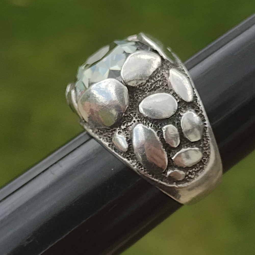 Retro modern chunky sterling silver ring with large Grey Stone size 7