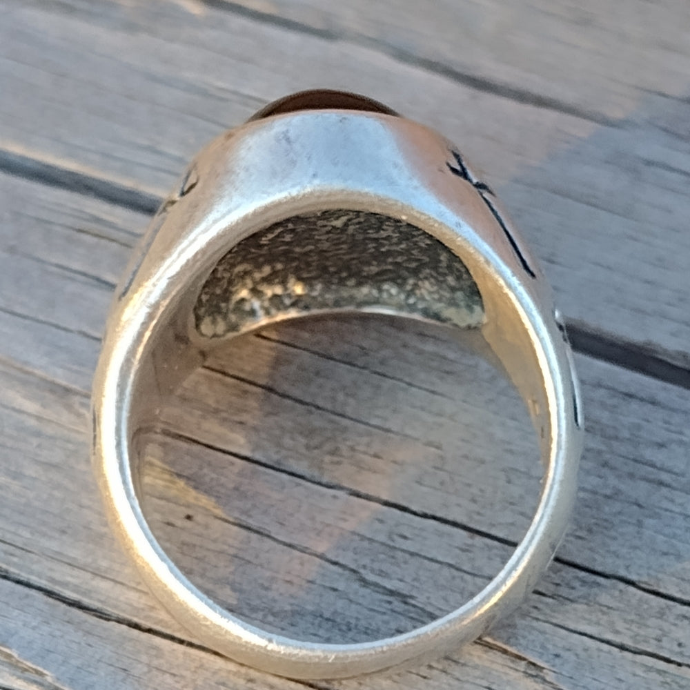 Vintage biker sterling silver ring with Black stone and crosses size 6 fine jewe