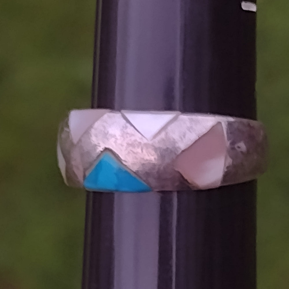 Sterling silver inlay ring mother of pearl and bluestone size 7 wedding band
