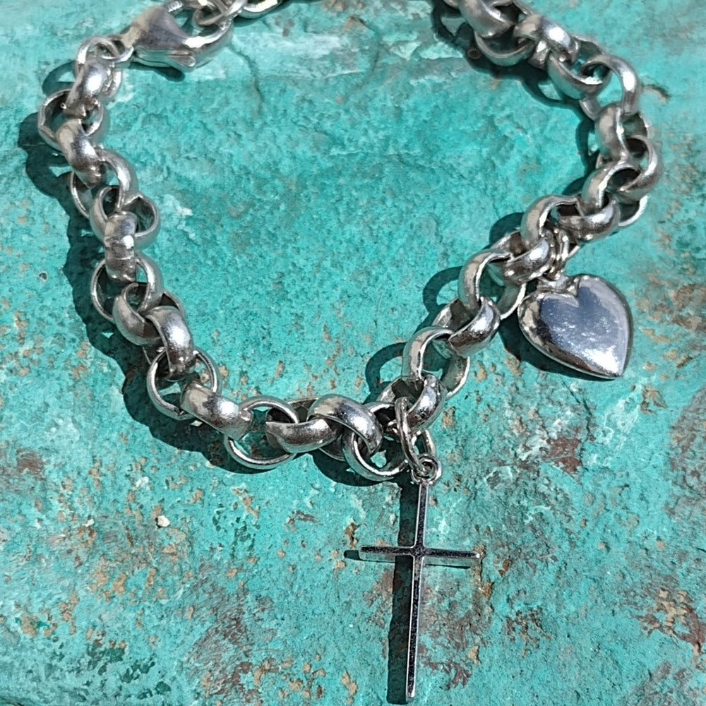 Sterling silver link bracelet with heart and cross charms Valentines day gift