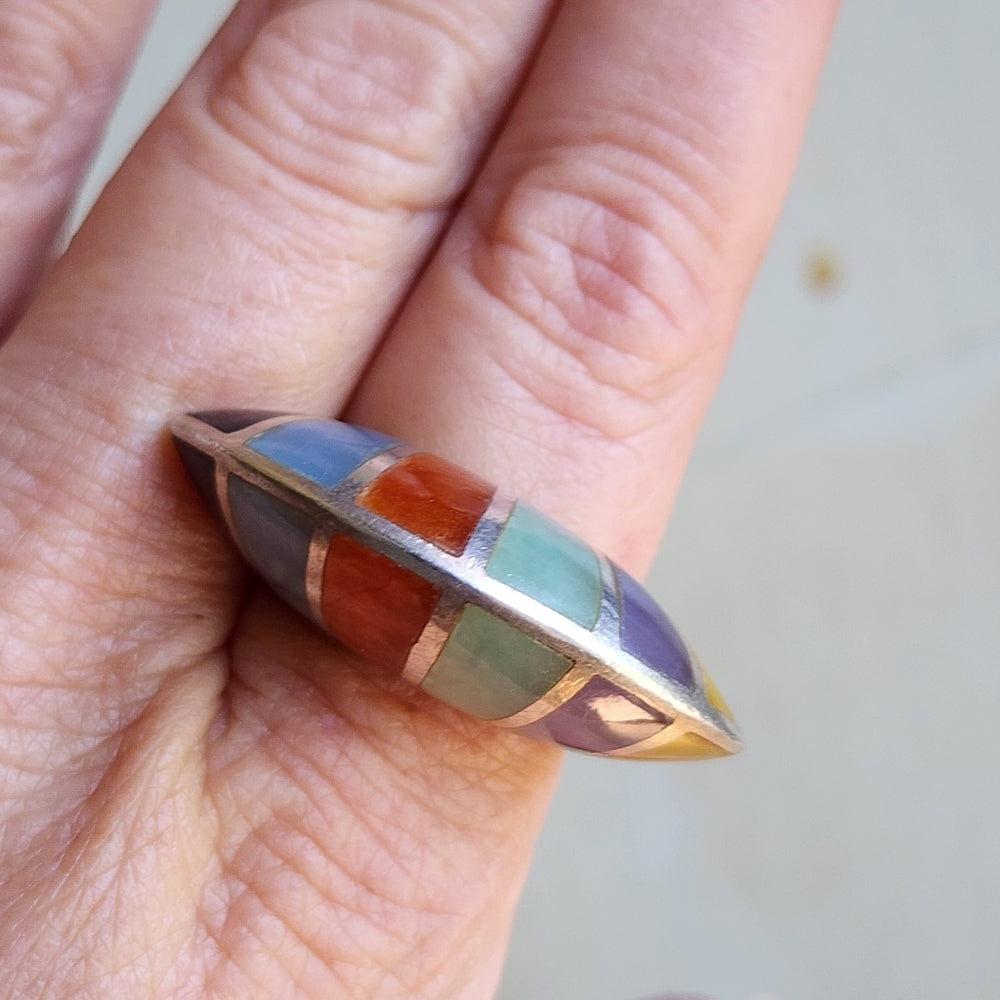 sterling silver multi Gem and laid ring modernist chunky size 9 Mid Century