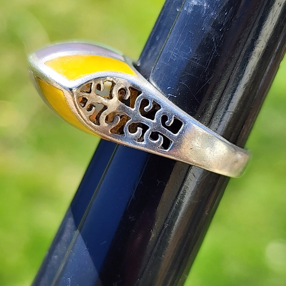 sterling silver multi Gem and laid ring modernist chunky size 9 Mid Century