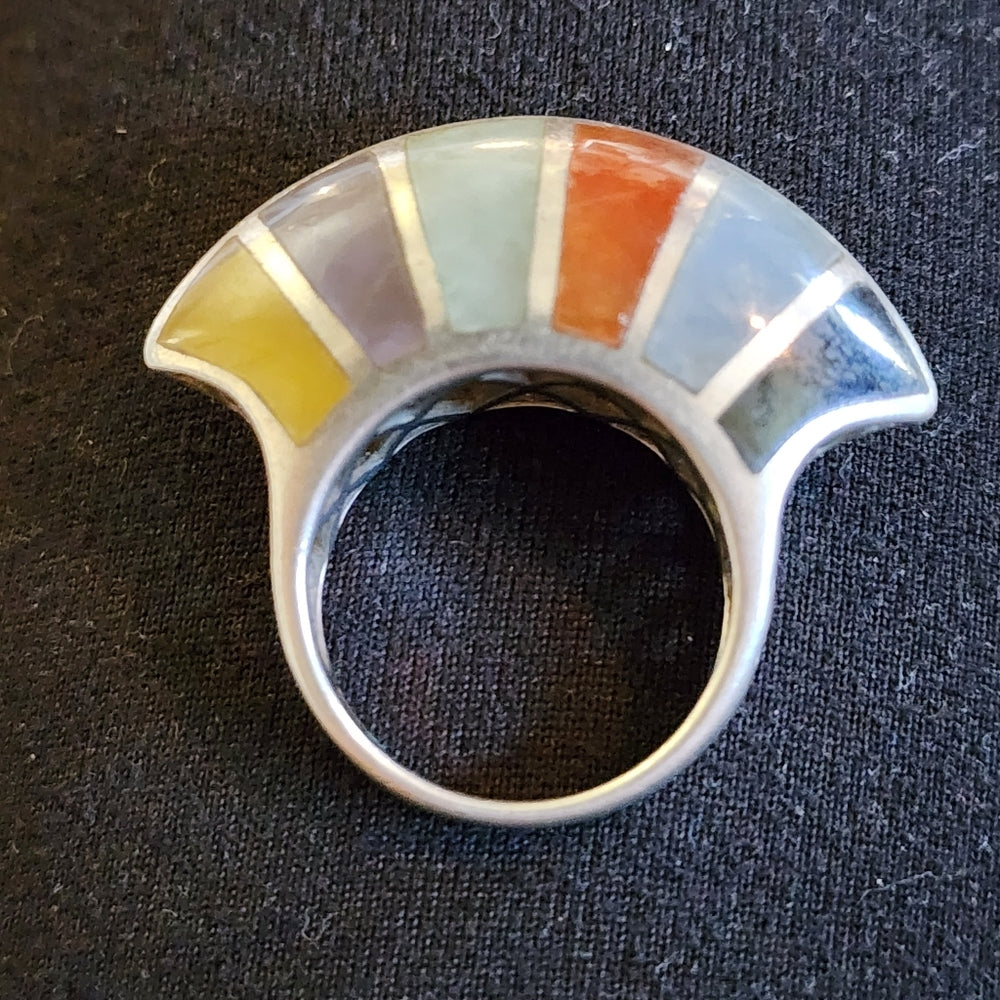 sterling silver multi Gem and laid ring modernist chunky size 9 Mid Century