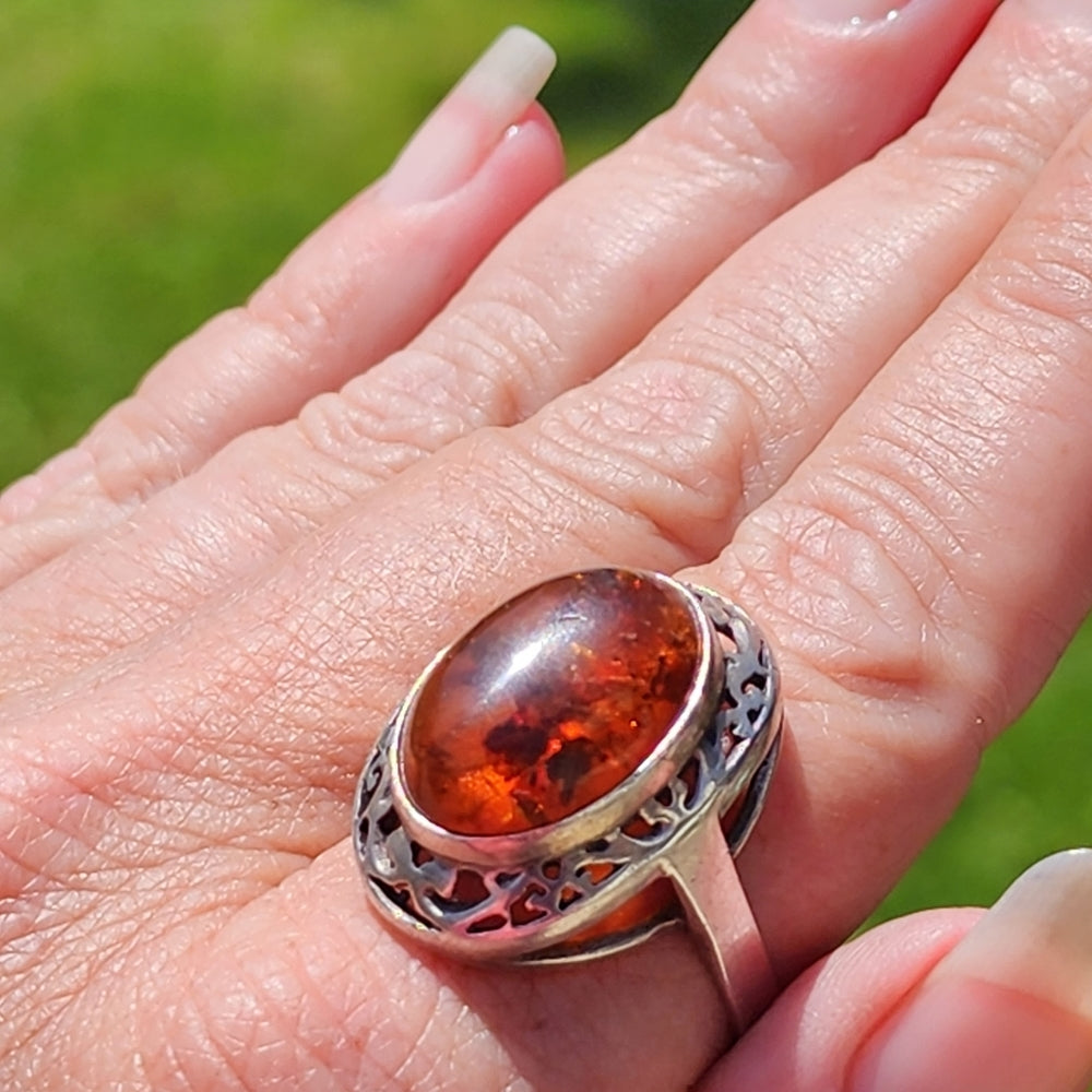 Vintage sterling silver Amber ring size 11.5 artist signed unisex