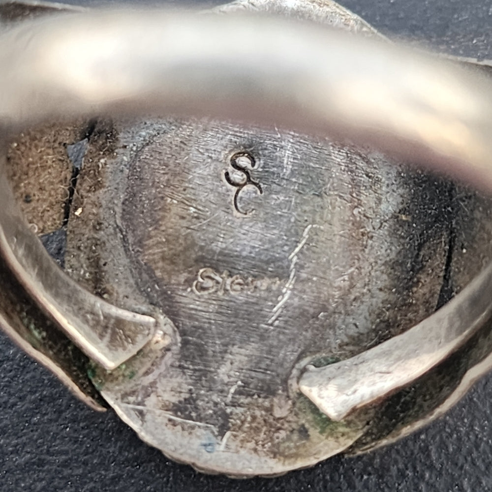 Old Sterling silver native american green abalone shell ring size 9.25 signed SC