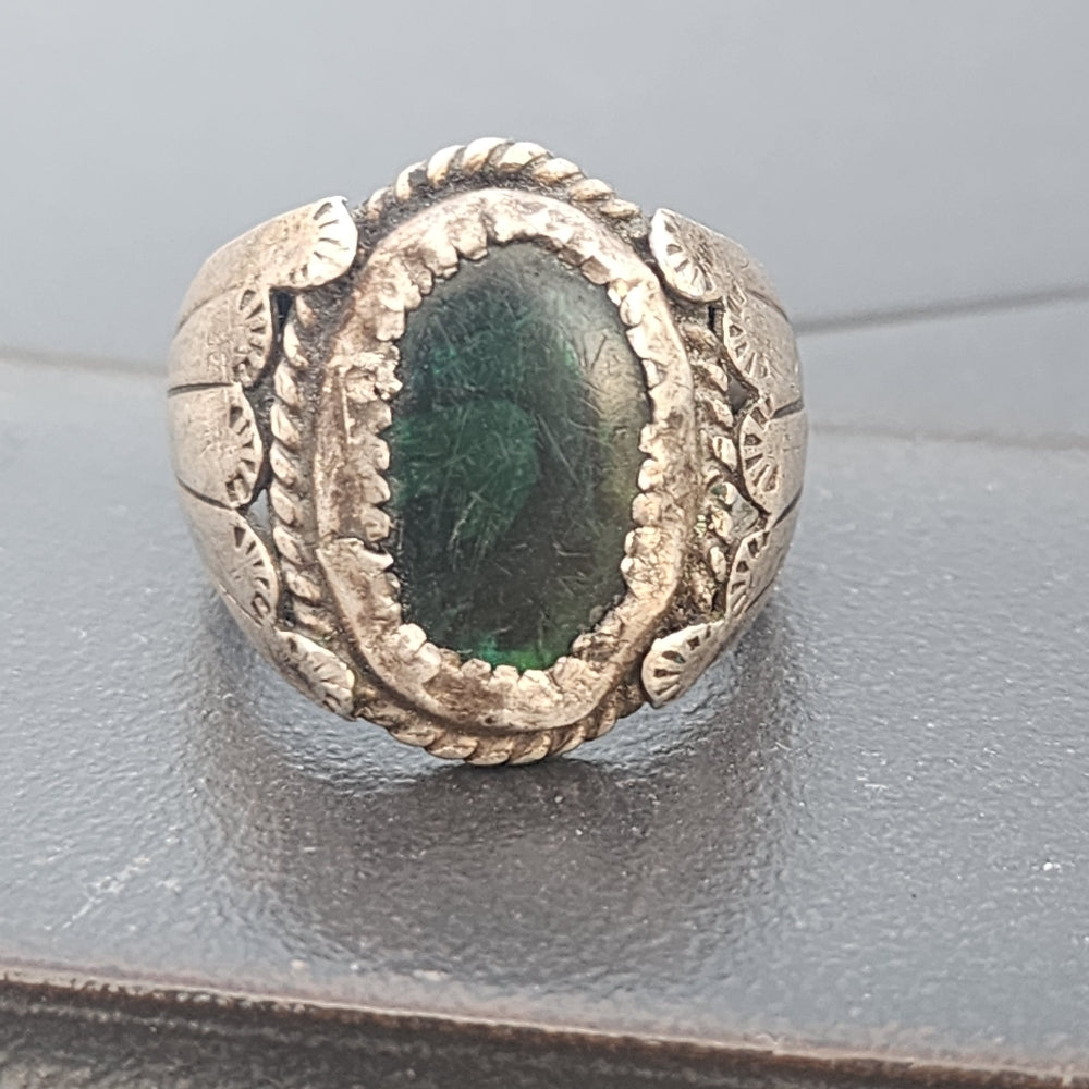 Old Sterling silver native american green abalone shell ring size 9.25 signed SC