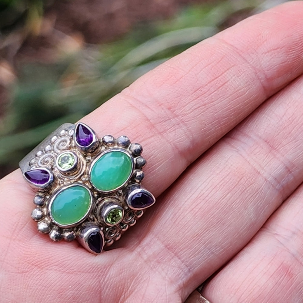 Sterling silver Sajen ring amethyst green jade cabachon size 10 fine jewelry