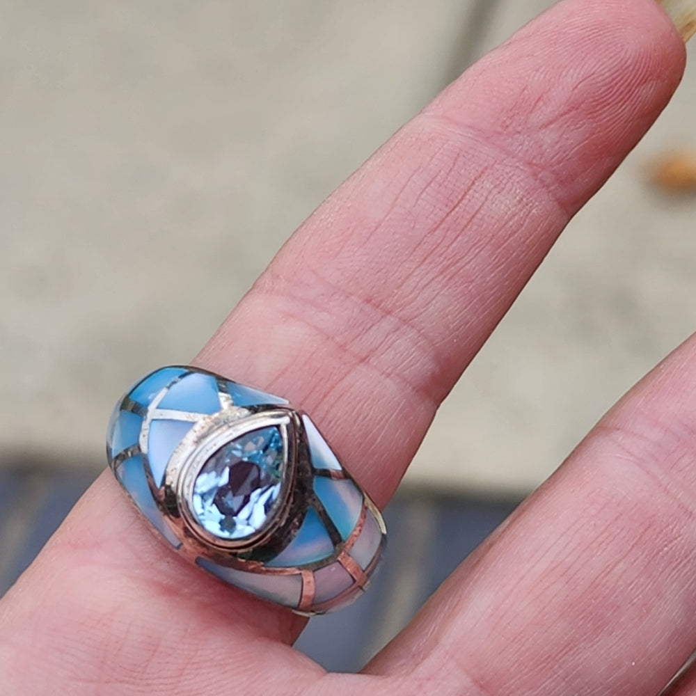 Sterling silver ring Chunky ring blue topaz &  mother of pearl size 9.5 jewelry