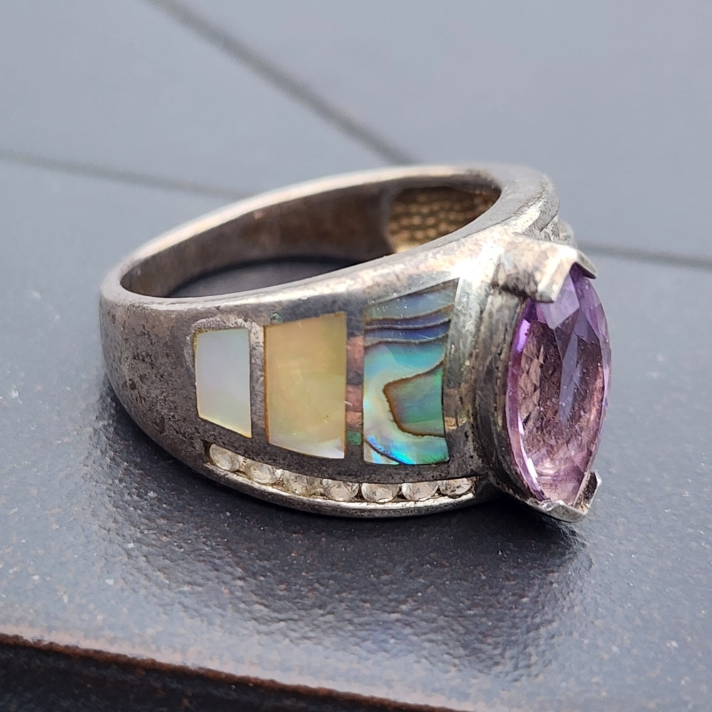 Witney Kelly Sterling Silver ring size 10 Mother of pearl abalone CZ Amethyst