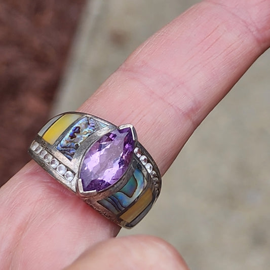 Witney Kelly Sterling Silver ring size 10 Mother of pearl abalone CZ Amethyst