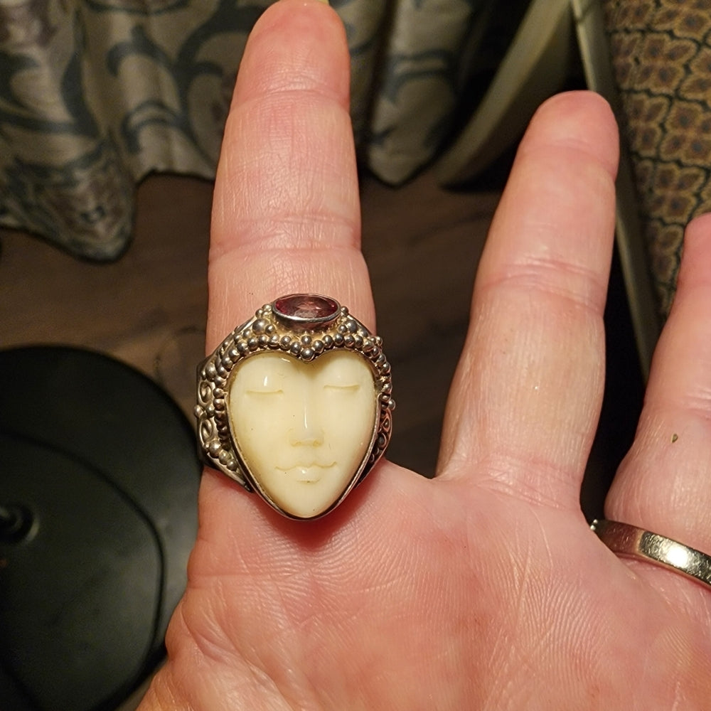 Sterling Silver Sajen carved Bone Goddess Face Ring size 9.5 Fine Jewelry stone