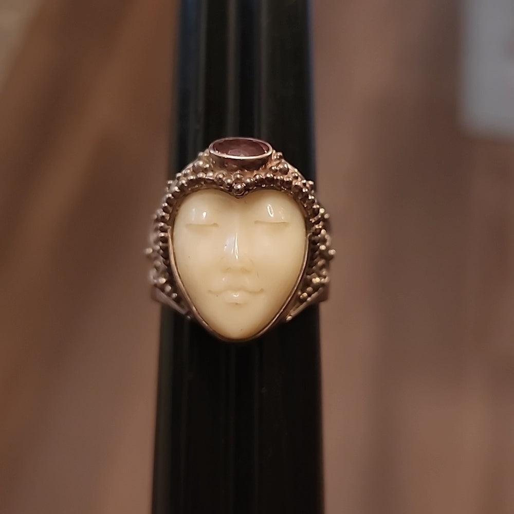 Sterling Silver Sajen carved Bone Goddess Face Ring size 9.5 Fine Jewelry stone
