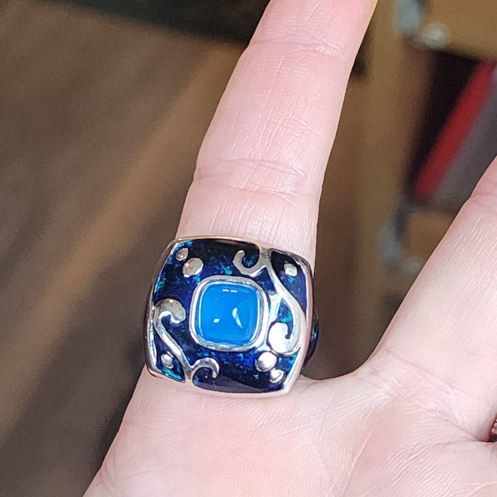 Sterling Silver designer Fili Menegatti Italy Blue enamel ring sz 9.5 Fine Jewel