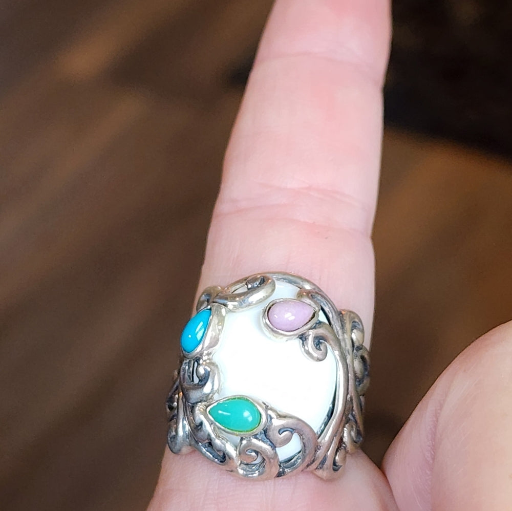 Sterling Silver Carolyn Pollack Relios Ring sz 10 White Agate Turquoise Jewelry