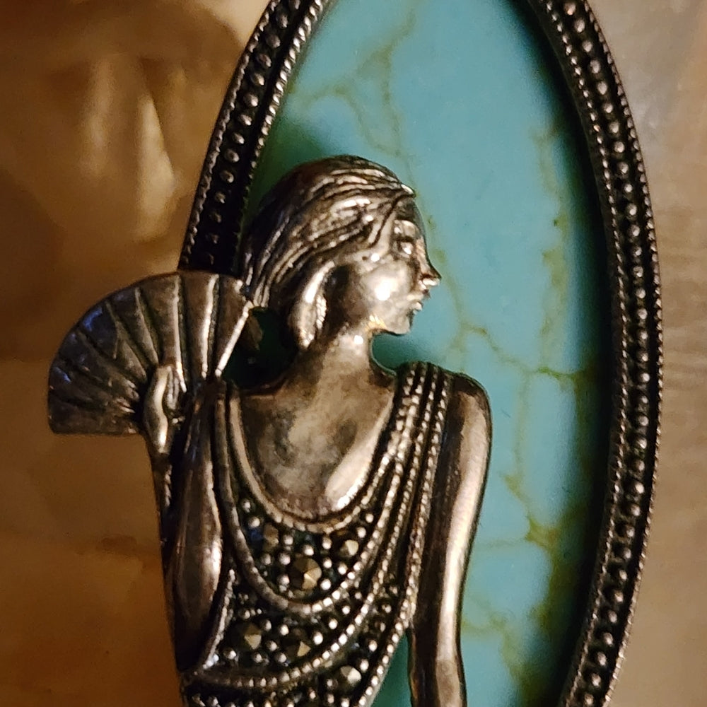 Sterling silver Art Nouveau lady style brooch scarf pin marcasite turquoise