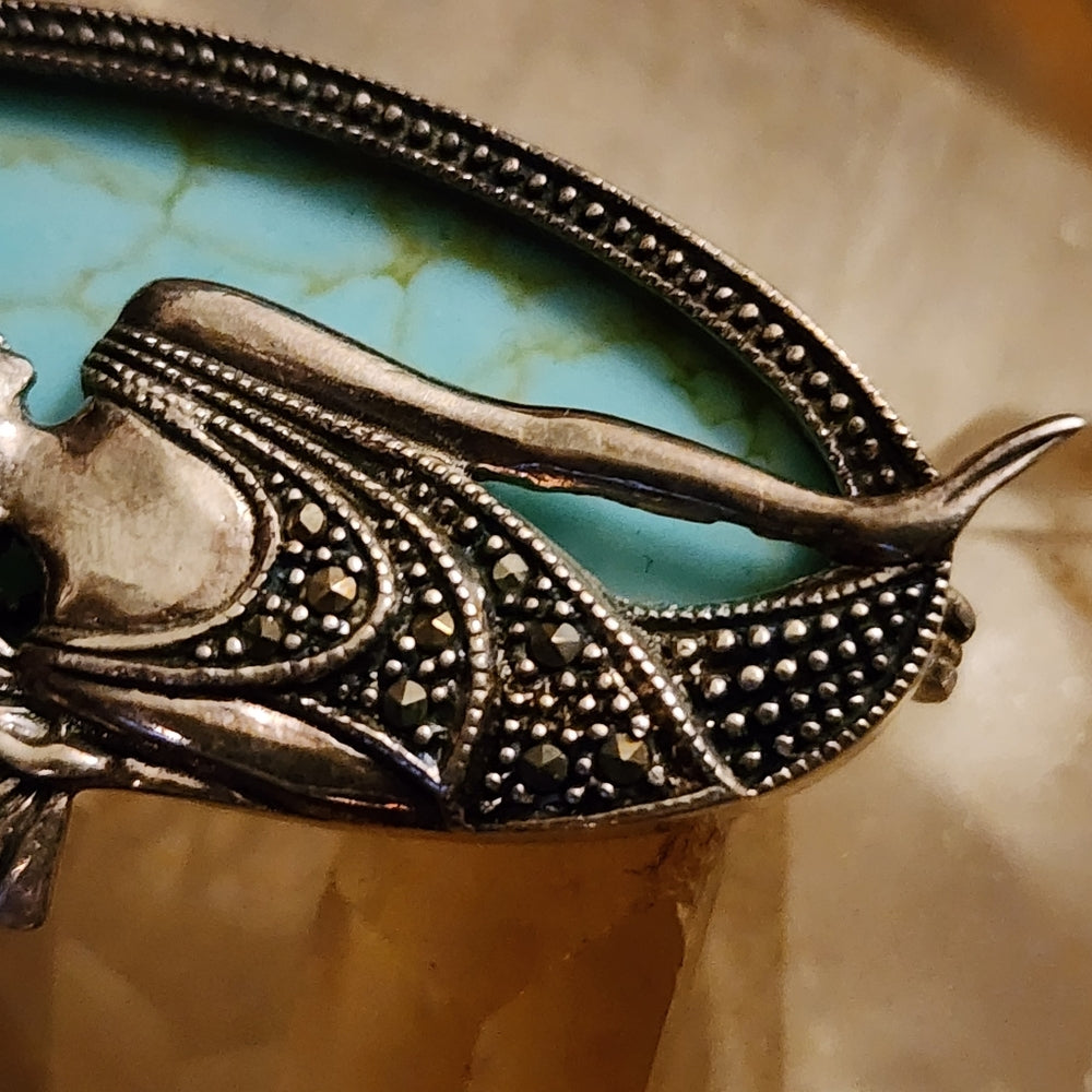 Sterling silver Art Nouveau lady style brooch scarf pin marcasite turquoise