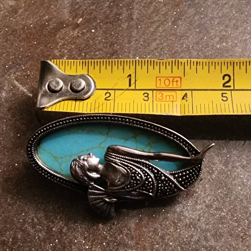 Sterling silver Art Nouveau lady style brooch scarf pin marcasite turquoise