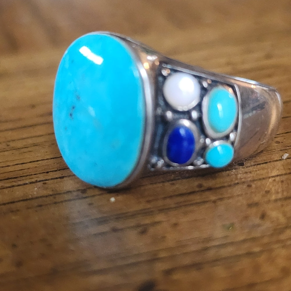 Sterling Silver Turquoise Lapis MOP  ring size 9.5 unisex Jewelry wedding