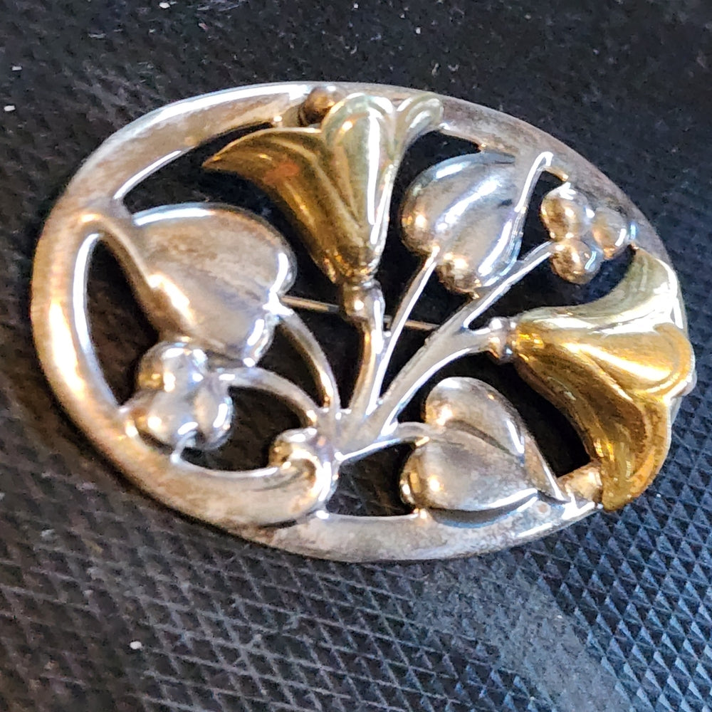 Sterling silver Gold accents vintage Mexico brooch scarf pin flowers