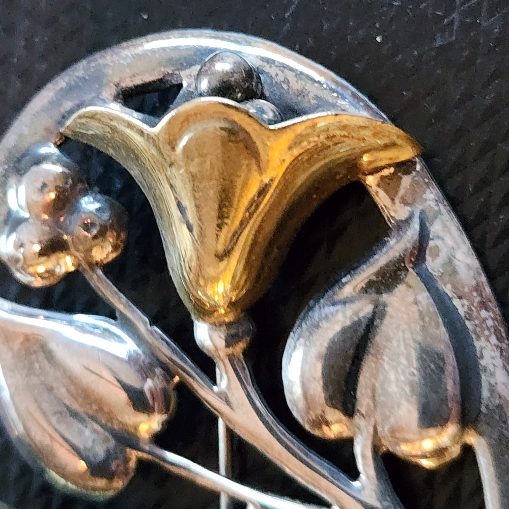 Sterling silver Gold accents vintage Mexico brooch scarf pin flowers