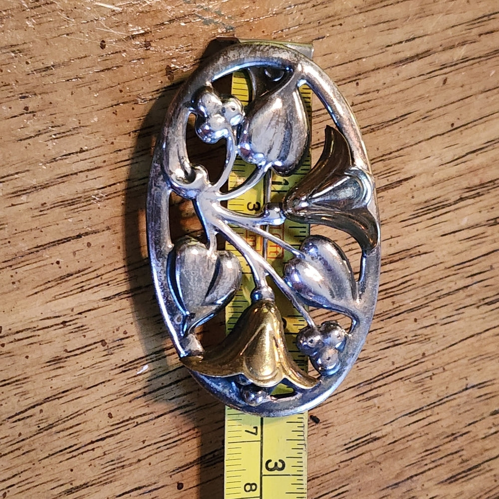 Sterling silver Gold accents vintage Mexico brooch scarf pin flowers