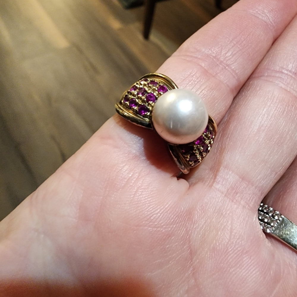 Sterling Silver Gold vermeil faux pearl pink red color stones size 8.5 jewelry