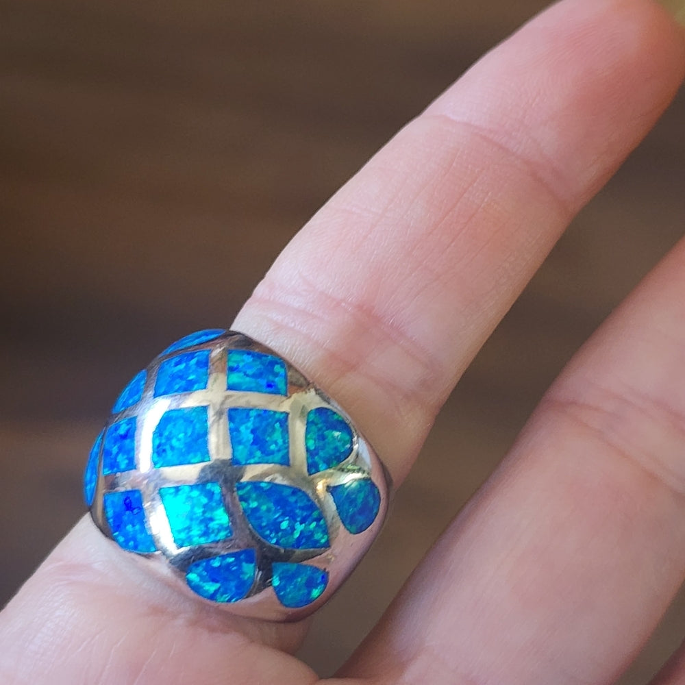 Dome top blue fire opal Sterling Silver ring g size 7.5 fine Jewelry