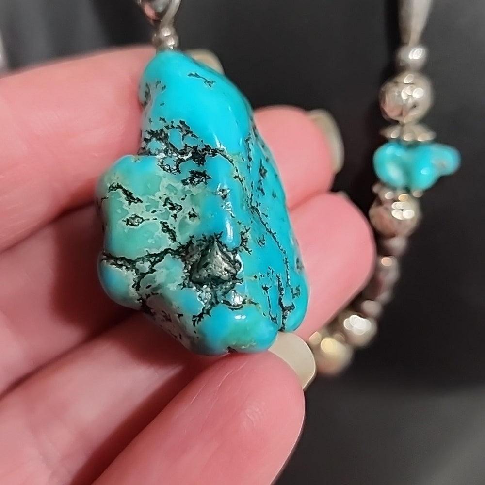 Native American liquid Sterling Silver 2 layer multi strand turquoise necklace