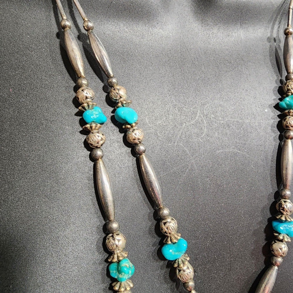 Native American liquid Sterling Silver 2 layer multi strand turquoise necklace
