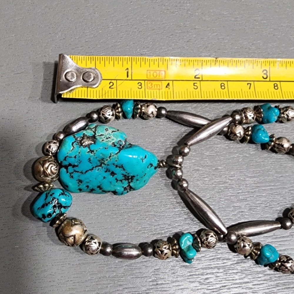 Native American liquid Sterling Silver 2 layer multi strand turquoise necklace