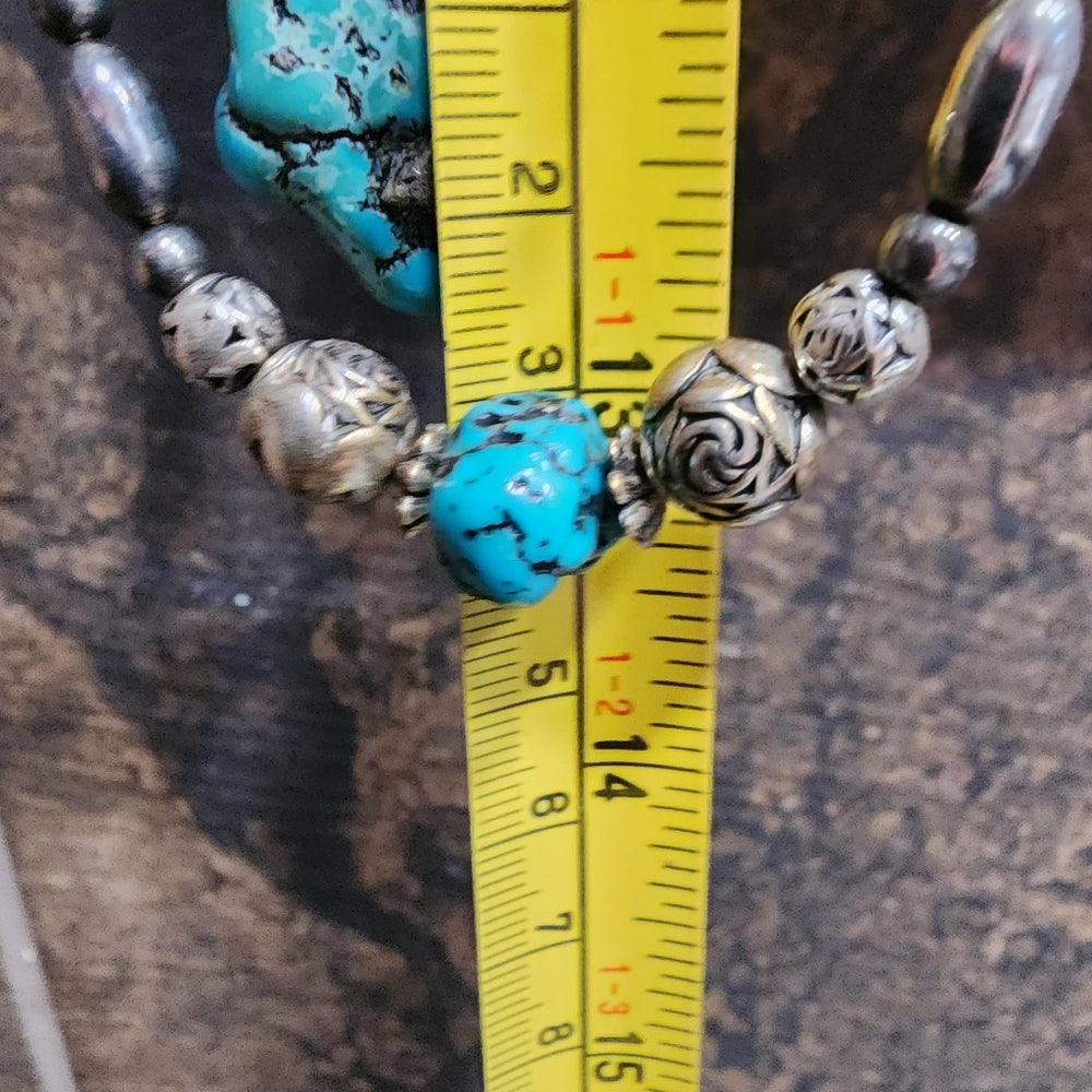 Native American liquid Sterling Silver 2 layer multi strand turquoise necklace