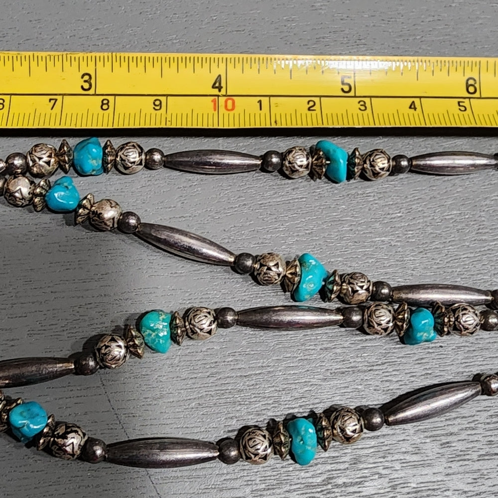 Native American liquid Sterling Silver 2 layer multi strand turquoise necklace