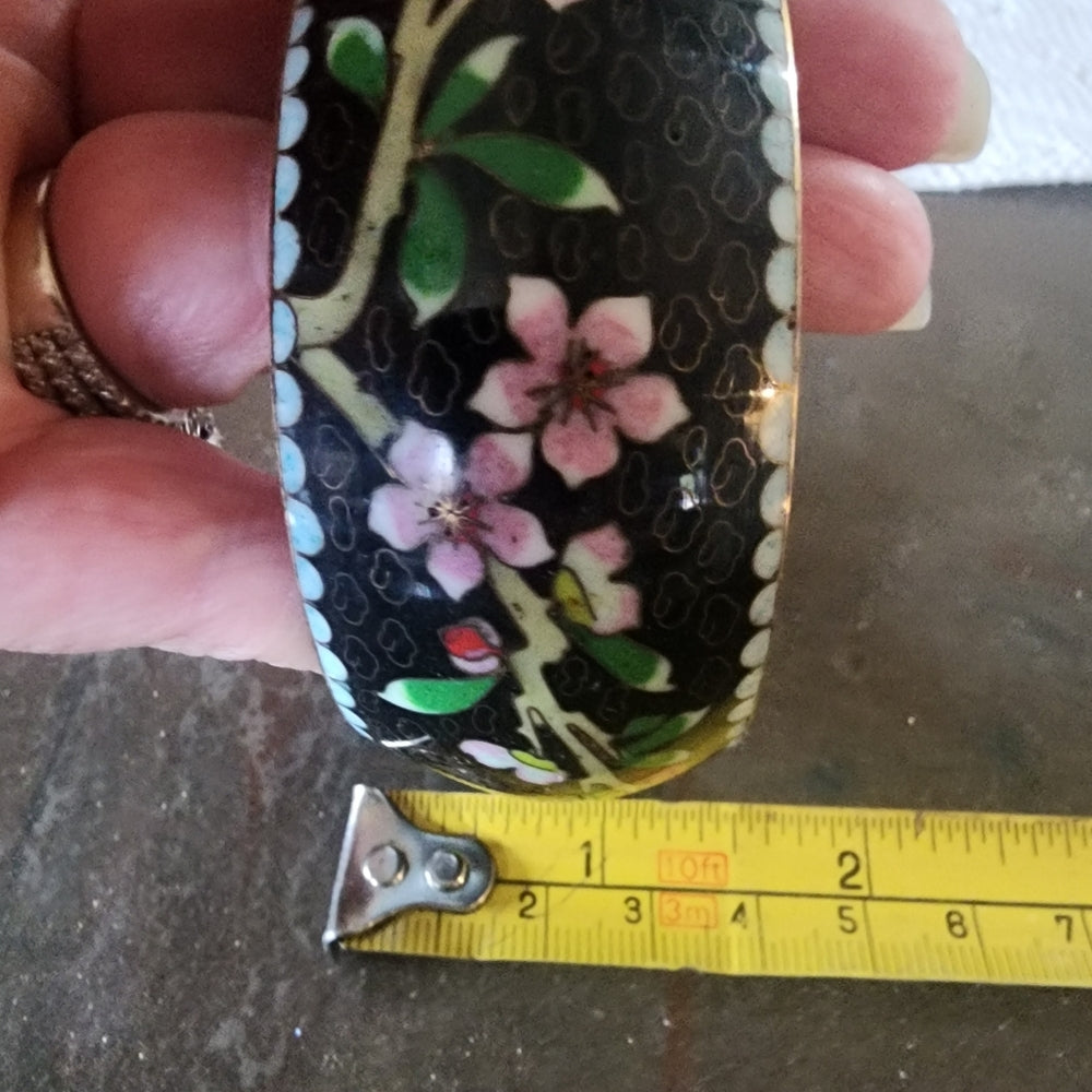Cloisonne Vintage Bangle Bracelet  Bird Butterfly Flowers pink Black jewelry