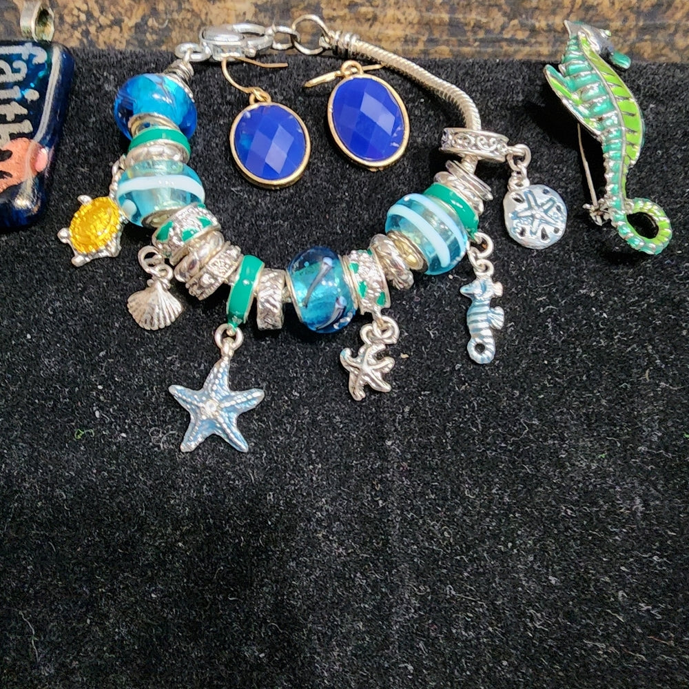 SALE Spring into summer jewelry lot faith pendant charm bracelet seahorse pin…