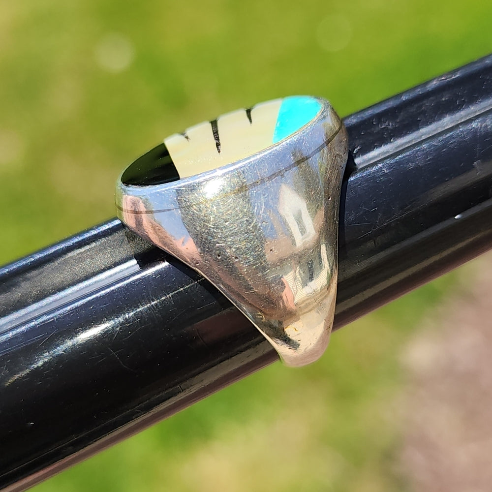 Sterling silver native americartist signed YZ Zuni chunky inlay ring siz…