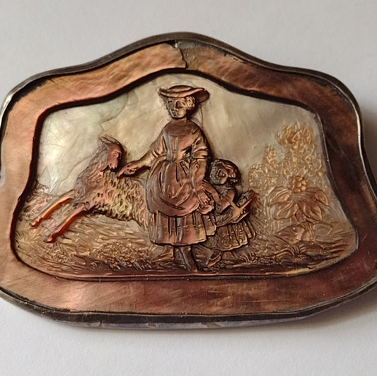 Antique carved shell Cameo goat mother sterling silver brooch museum quality