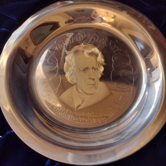 Andrew Jackson sterling silver portrait plate with 24k gold inlay Franklin mint