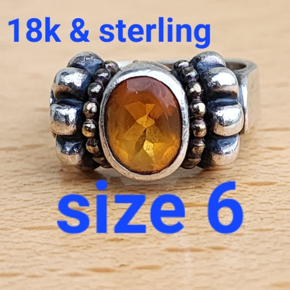 Sterling silver and 18k karat gold citrine Lagos caviar ring size 6