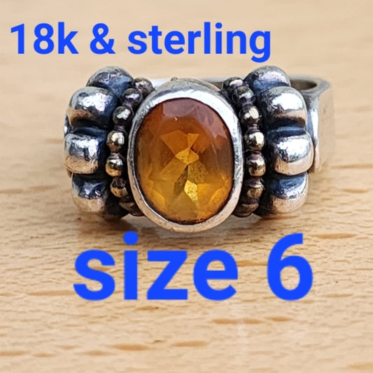 Sterling silver and 18k karat gold citrine Lagos caviar ring size 6