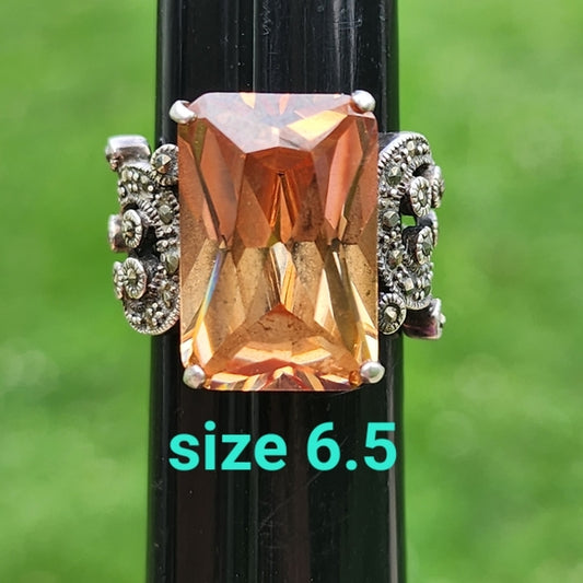 Sterling silver ring with peach colored Stone and marcasite size 6.5