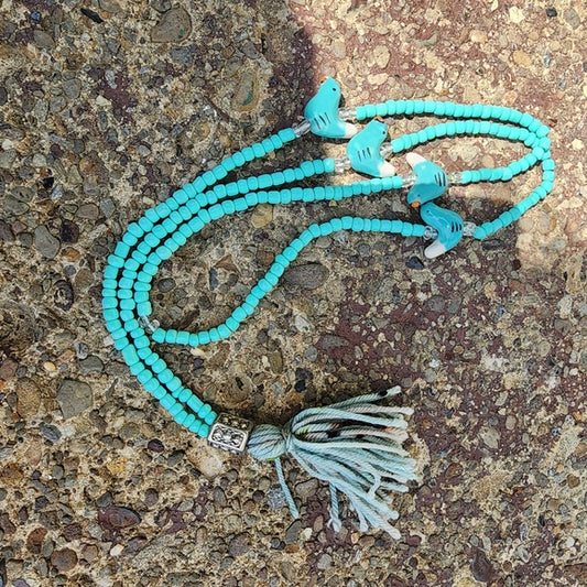 Turquoise color beads with Pottery glass Birds necklace