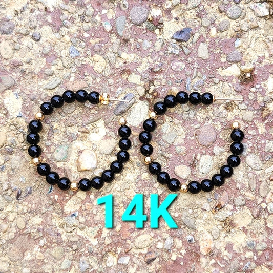 14k karat gold post hoops pierced earrings black beads
