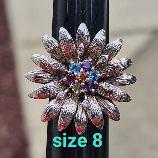 Sterling silver flower ring with gemstones size 8