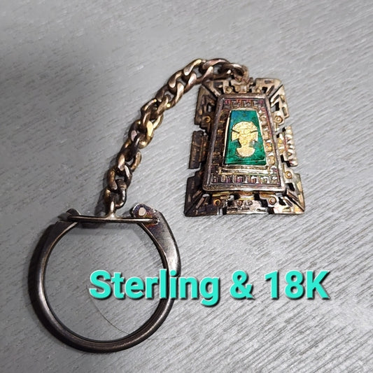 Vintage sterling silver & 18k gold malachite Peruvian key ring chain or pendant
