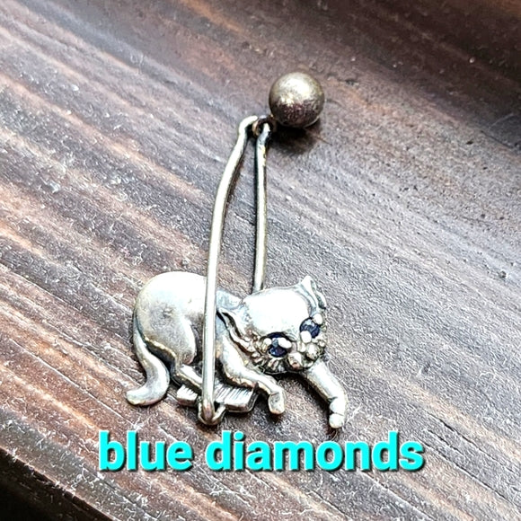 Vintage sterling silver kitty cat pendant charm w blue diamond eyes modernist