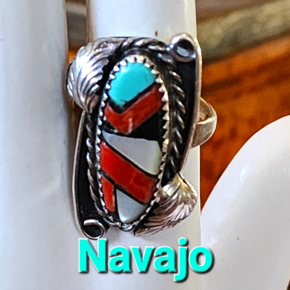 Artist signed JH Native Americans sterling silver Navajo inlaid ring size 6.75