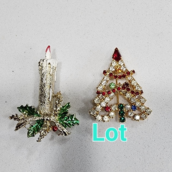 Two Christmas brooches Christmas tree with rhinestones and candlestick